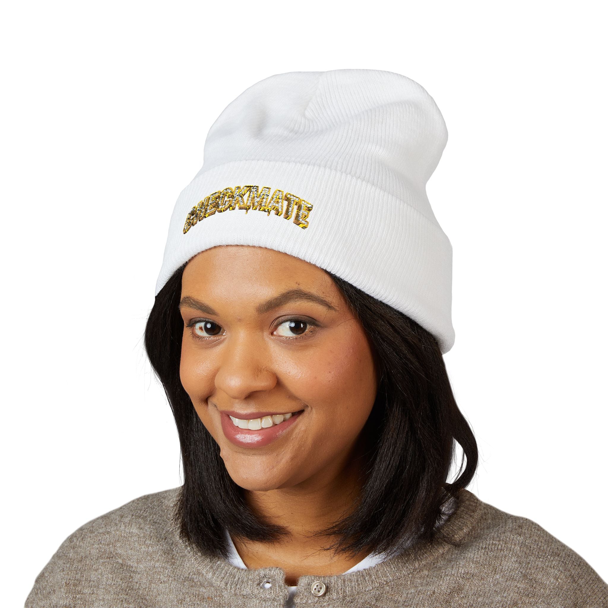 Cuffed Beanie — Embroidered “CHECKMATE” Gold Script Winter Hat