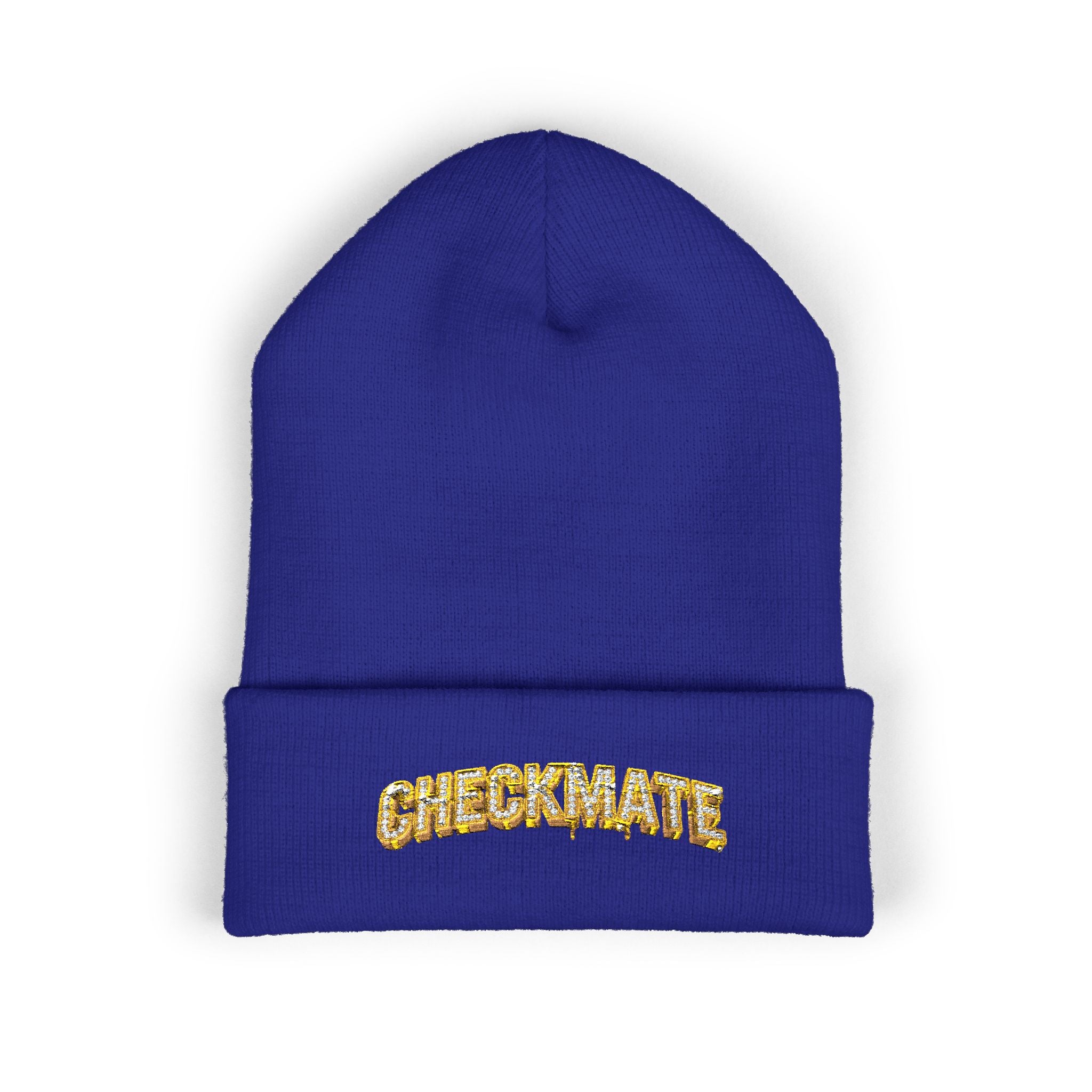 Cuffed Beanie — Embroidered “CHECKMATE” Gold Script Winter Hat