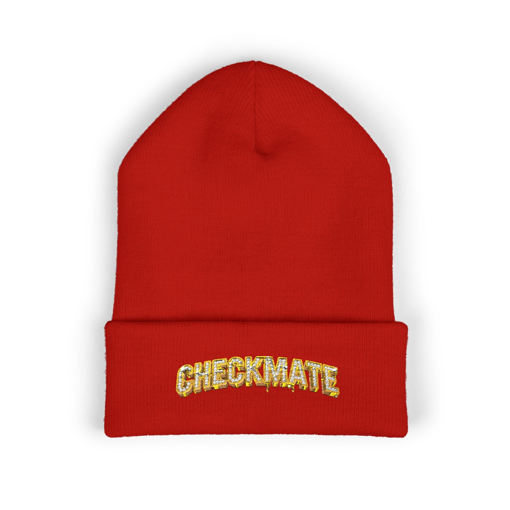 Cuffed Beanie — Embroidered “CHECKMATE” Gold Script Winter Hat
