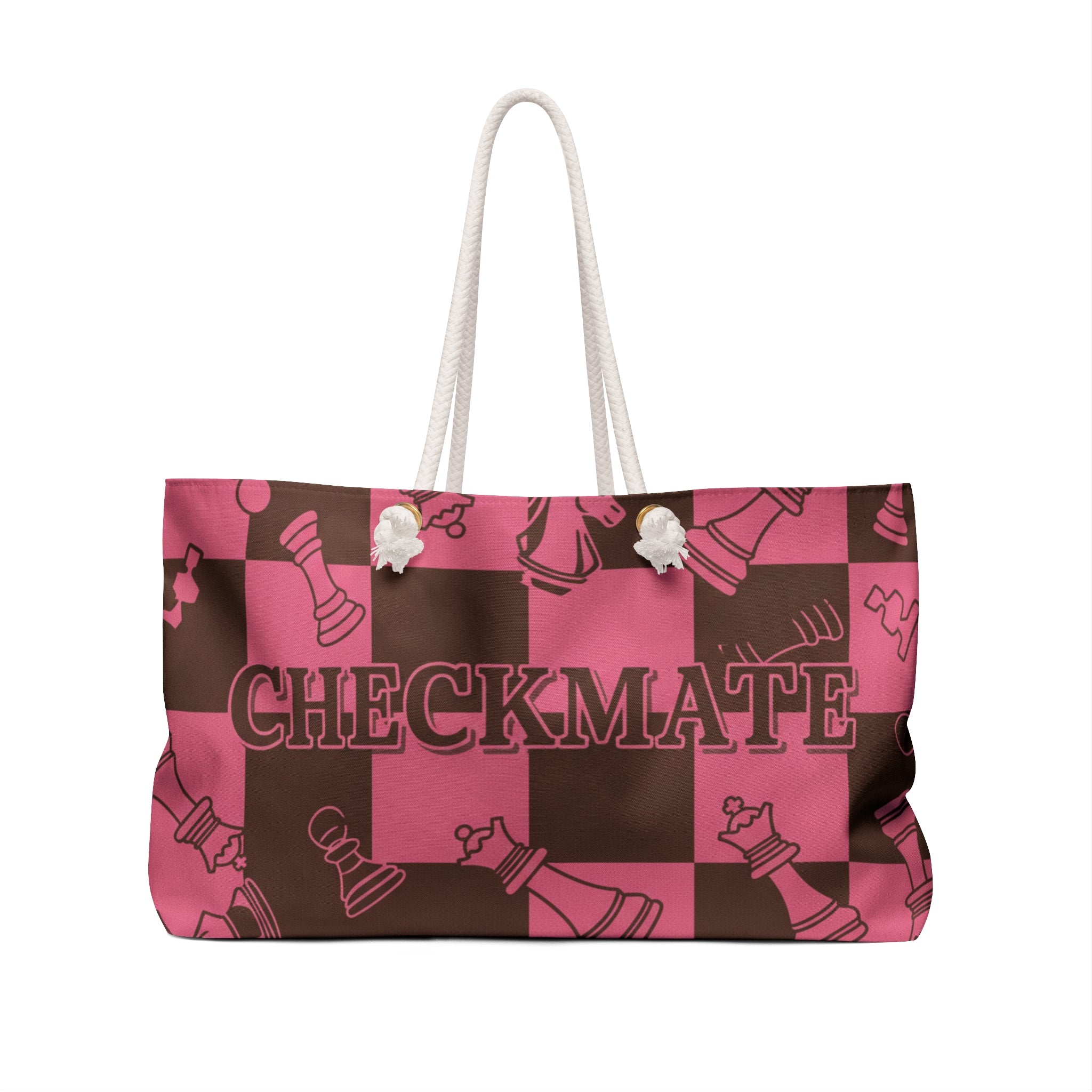 Checkmate Pink & Brown Weekender Bag — Chess Pattern Travel Tote