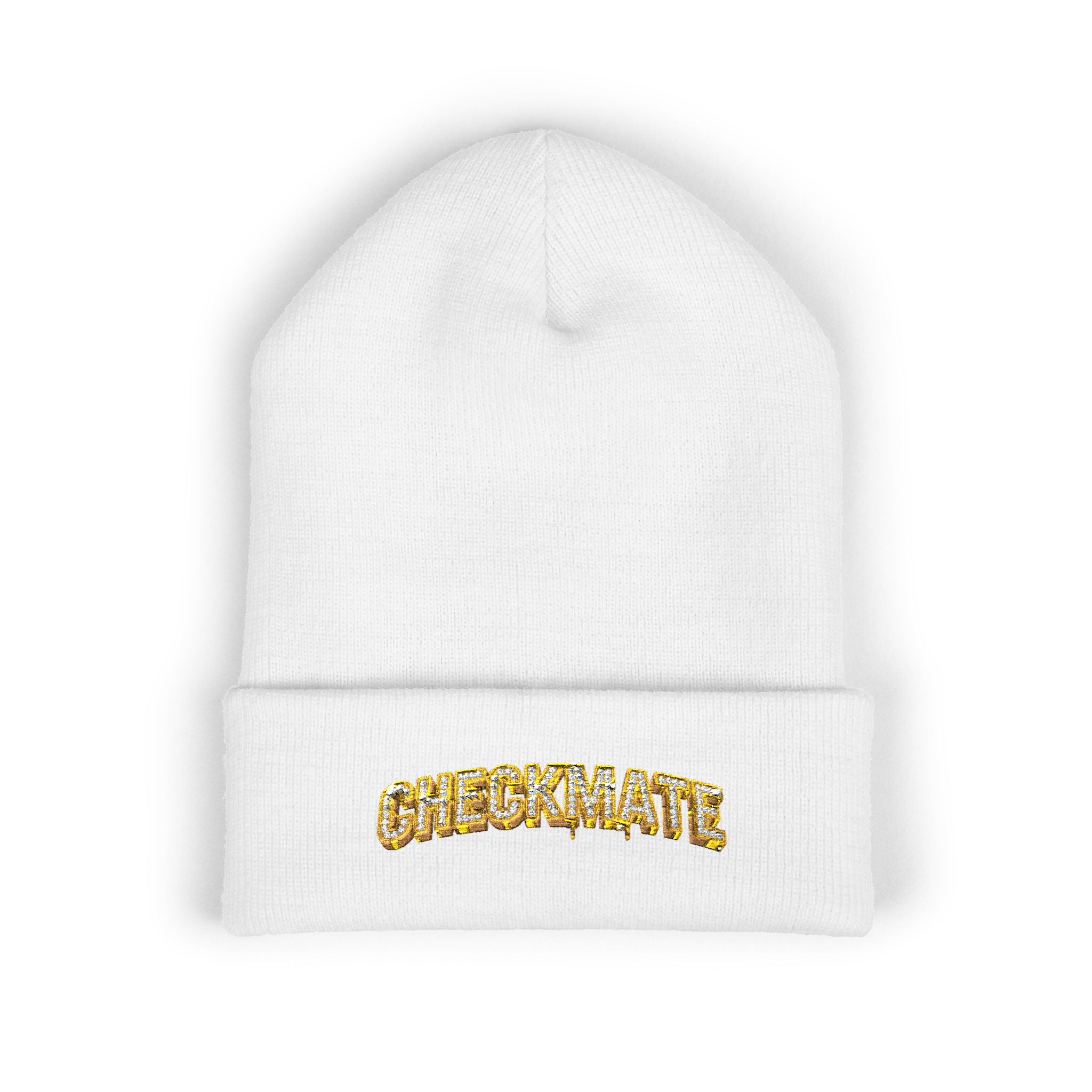 Cuffed Beanie — Embroidered “CHECKMATE” Gold Script Winter Hat