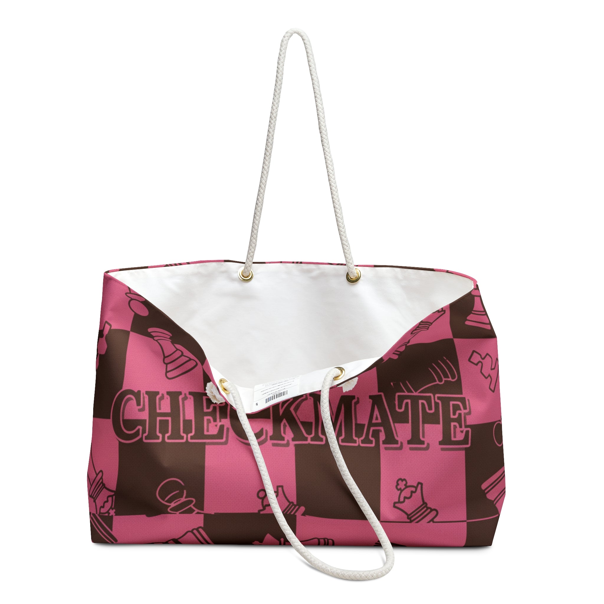 Checkmate Pink & Brown Weekender Bag — Chess Pattern Travel Tote