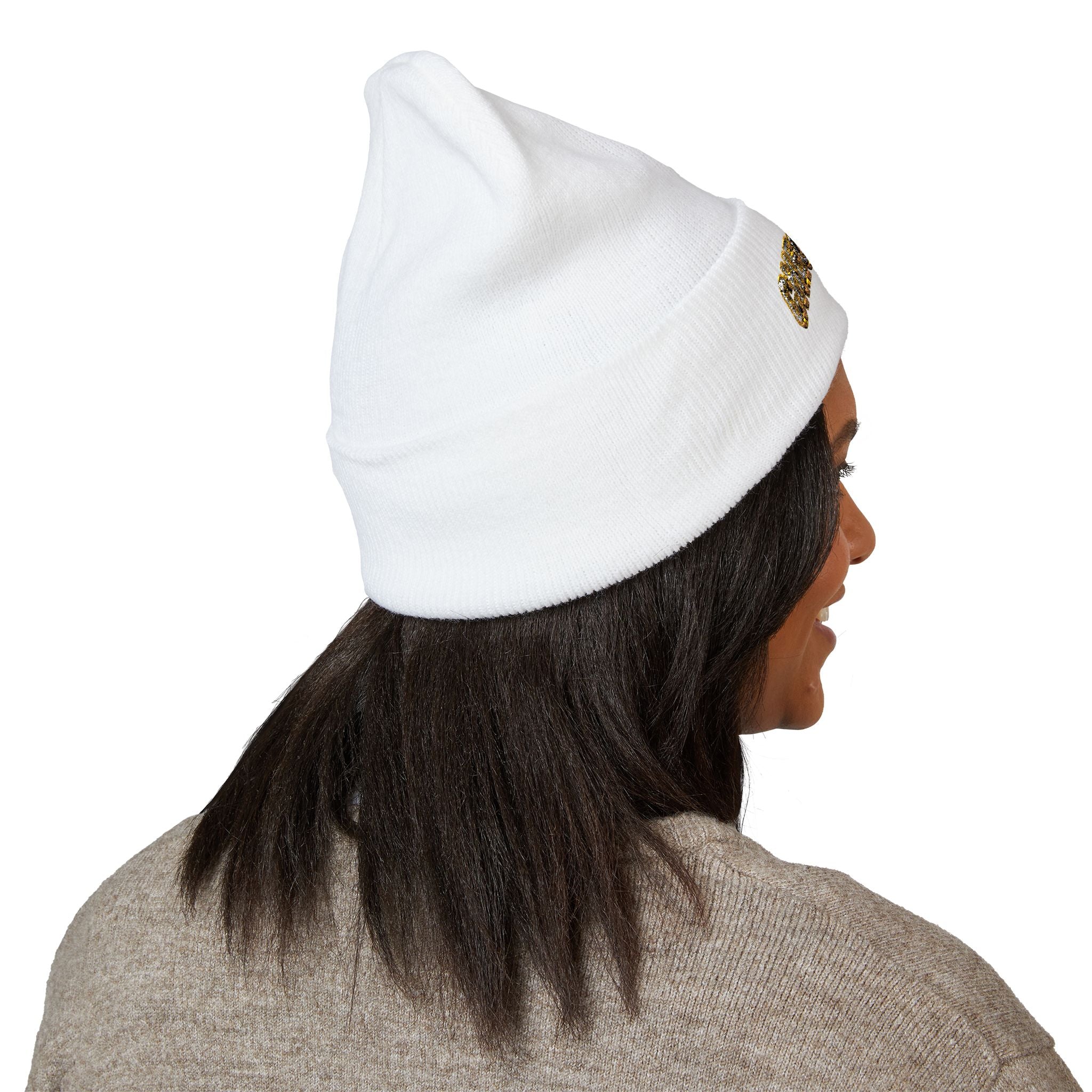 Cuffed Beanie — Embroidered “CHECKMATE” Gold Script Winter Hat