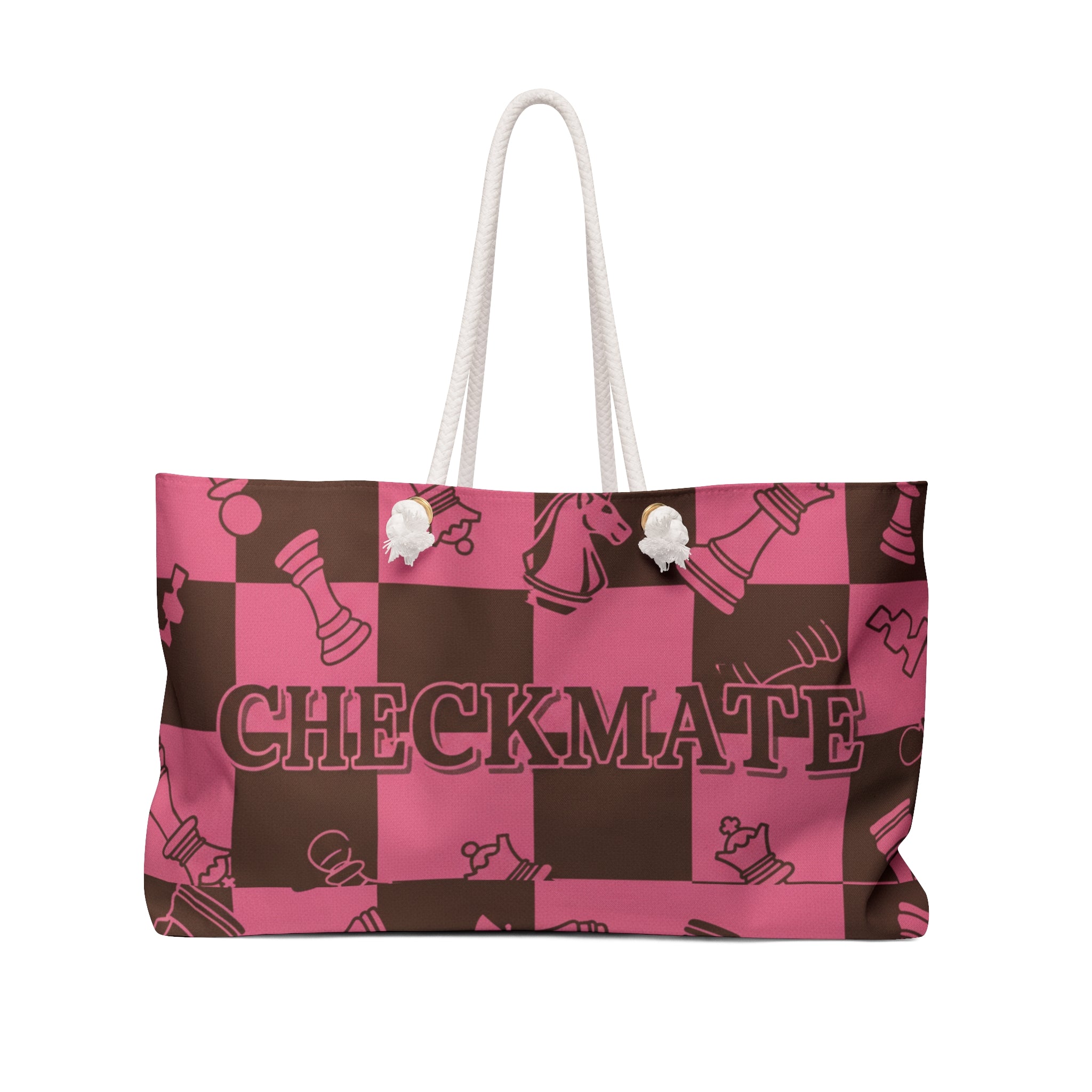 Checkmate Pink & Brown Weekender Bag — Chess Pattern Travel Tote