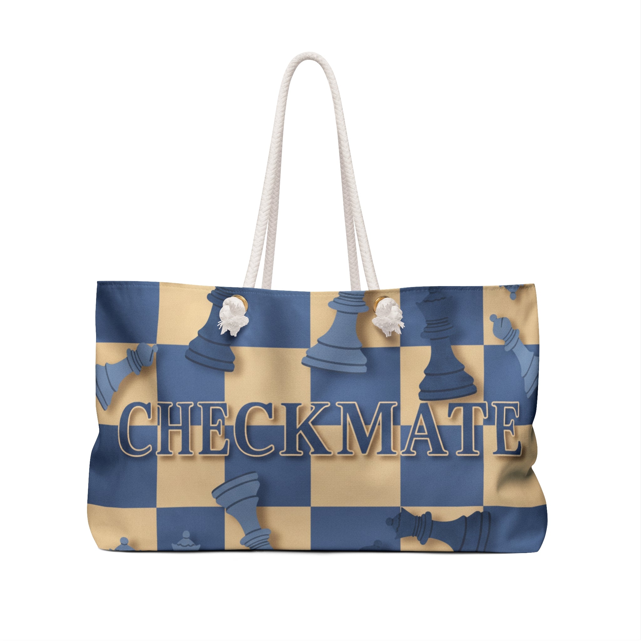 Checkmate Weekender Bag — Blue & Beige Chess-Themed Travel Tote