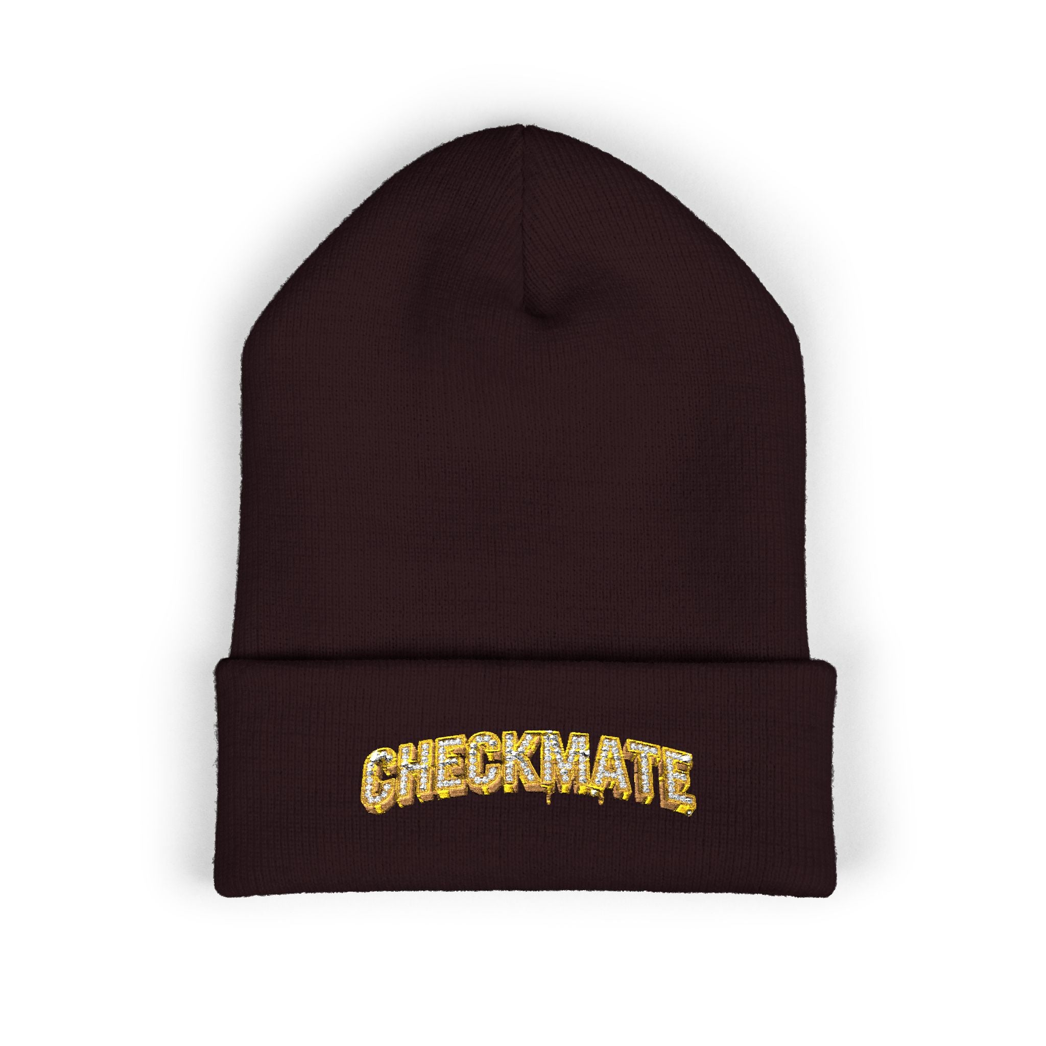Cuffed Beanie — Embroidered “CHECKMATE” Gold Script Winter Hat
