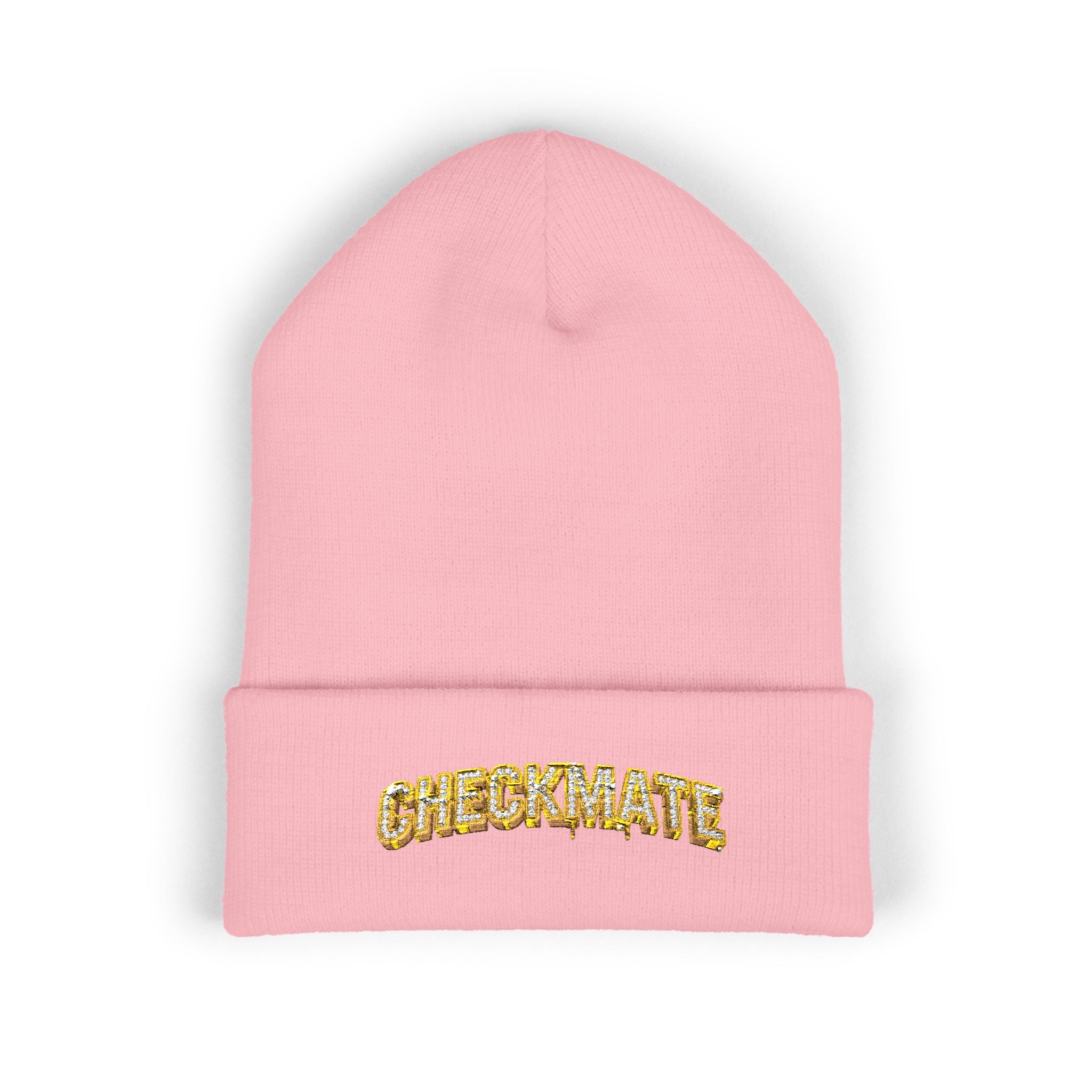 Cuffed Beanie — Embroidered “CHECKMATE” Gold Script Winter Hat